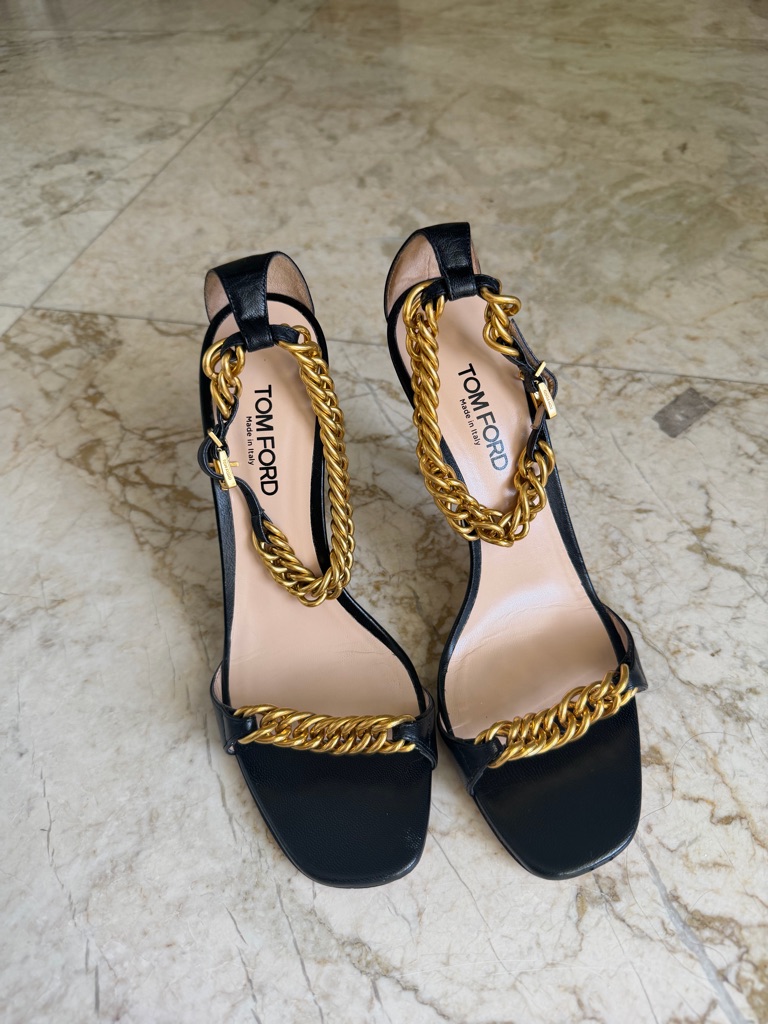 Tom Ford Black Leather Sandals With Gold Chain Accents